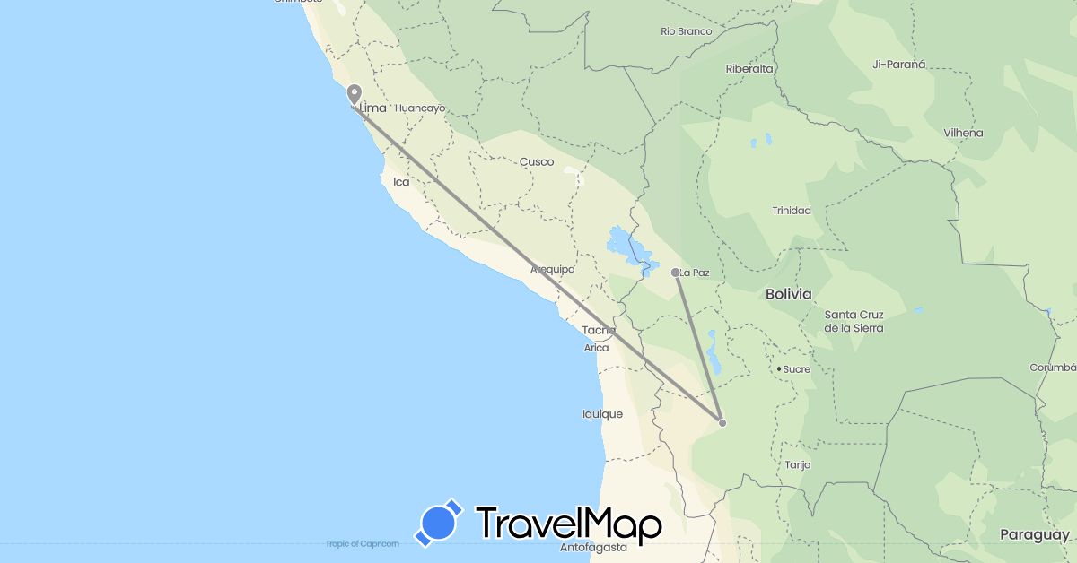 TravelMap itinerary: driving, plane in Bolivia, Peru (South America)